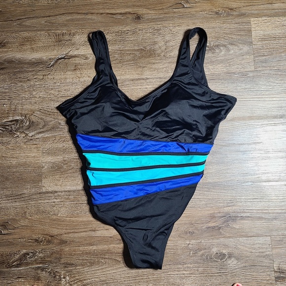 Islander Other - Islander Black Teal Blue Striped Womens One Piece SwimSuit Sz 18